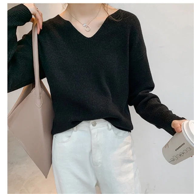 Pullover Solid V-neck Loose Elegant Office Lady Sweater