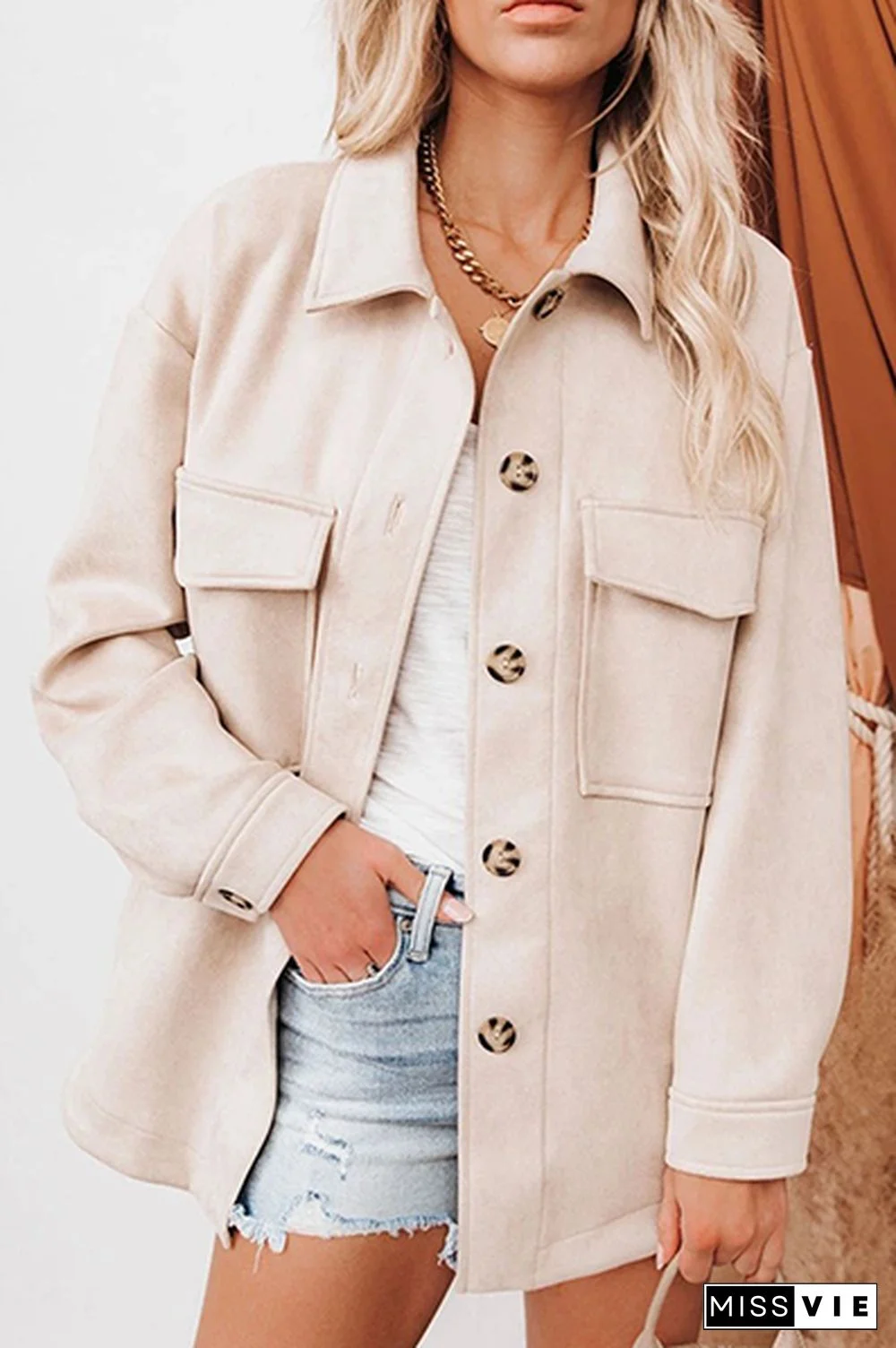 Casual Solid Pocket Buckle Turndown Collar Outerwear