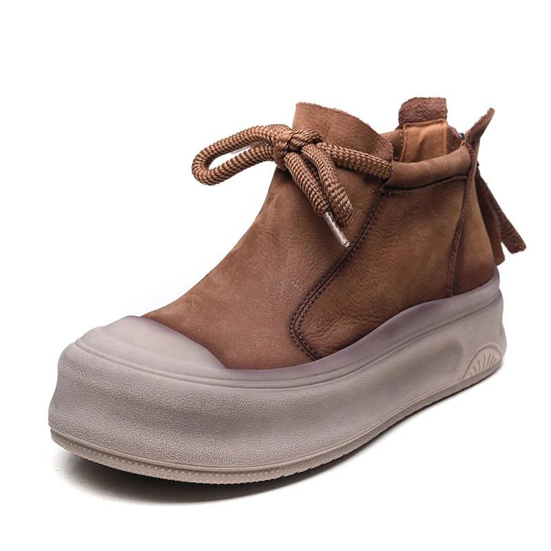 Yyvonne Cow Skin Retro Martin Boots Autumn And Winter New Round Head Tie And Ankle Boots Leather Leisure Short Boots Woman