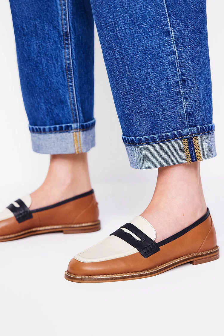 Colorblock Round Toe Slip On Brown Loafers