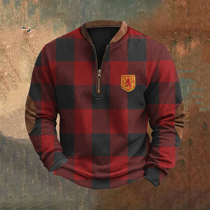 Vintage Scotland Badge With Buffalo Plaid Art Print Men's Zipper Neck Knit Sweatshirt