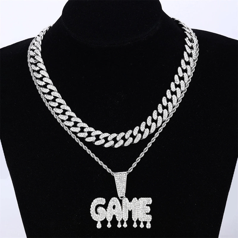 Hip Hop Game Letter Pendant Necklace Full Diamond Full Zirconium Gold Plated Cuban Link Chain Advanced Accessories