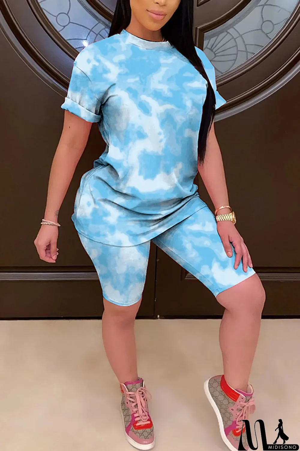 MidiSono - Light yellow Polyester Fashion Casual Print Gradient Two Piece Suits pencil Short Sleeve Two Pieces