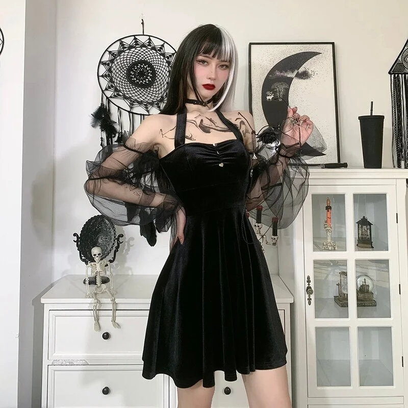 InsGoth Mall Goth Black Mini Dress Vintage Aesthetic Mesh Sleeve High Waist Dresses Gothic Sexy Velvet Party Outfit Summer Dress