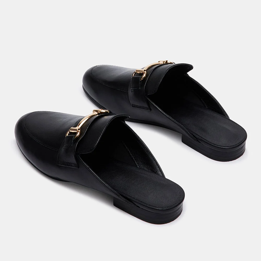 Black Slip-On Round Toe Flat Loafer Shoes Women with Buckle Accent