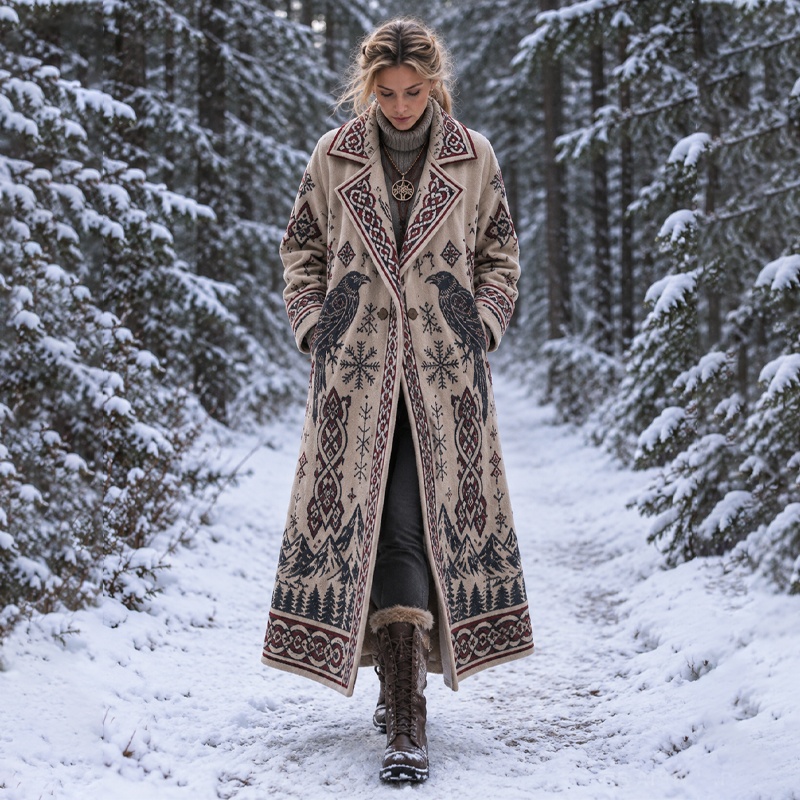 Comstylish Women's Nordic Raven Continuous Pattern Plant Floral Print Coat