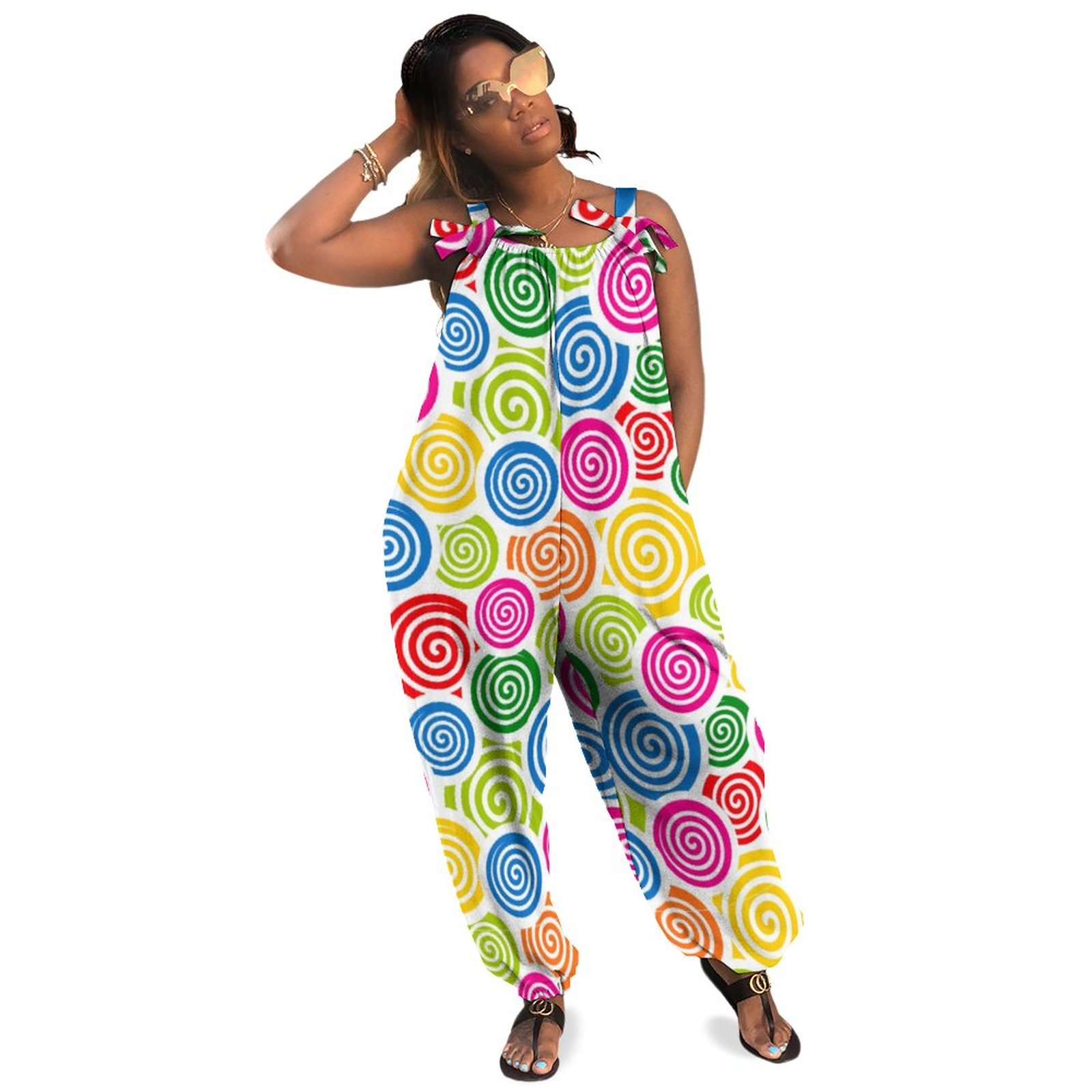 Rainbow Spirals Keychain Plus Size Women Rompers Summer Casual Loose Sequin Jumpsuit Boho Style Pockets Polyester Spandex