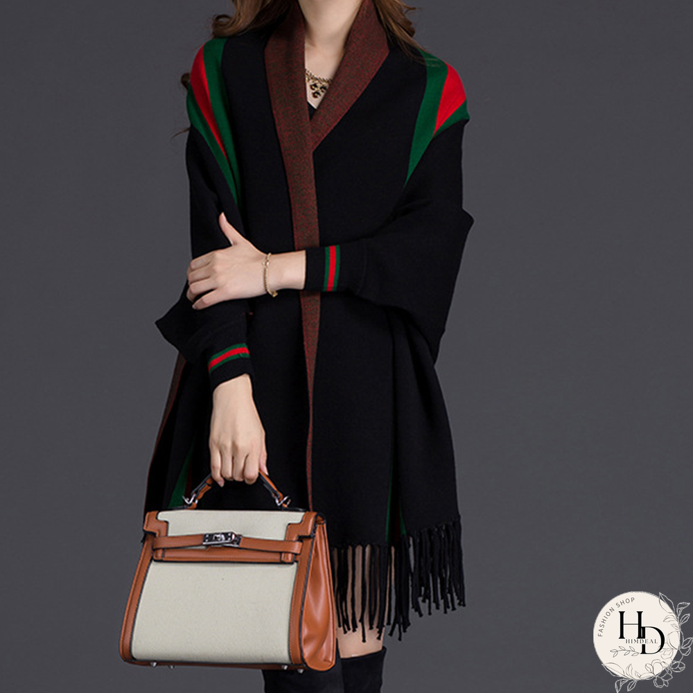 Black Casual Street Striped Tassel Outerwear
