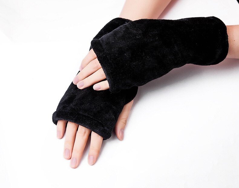 New Thickened Flannel Half Finger Gloves  Leopard Print Solid Black Women Winter