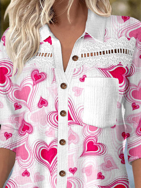 Women Long Sleeve Shirt Collar Love Printed Graphic Lace Button Pockets Tops