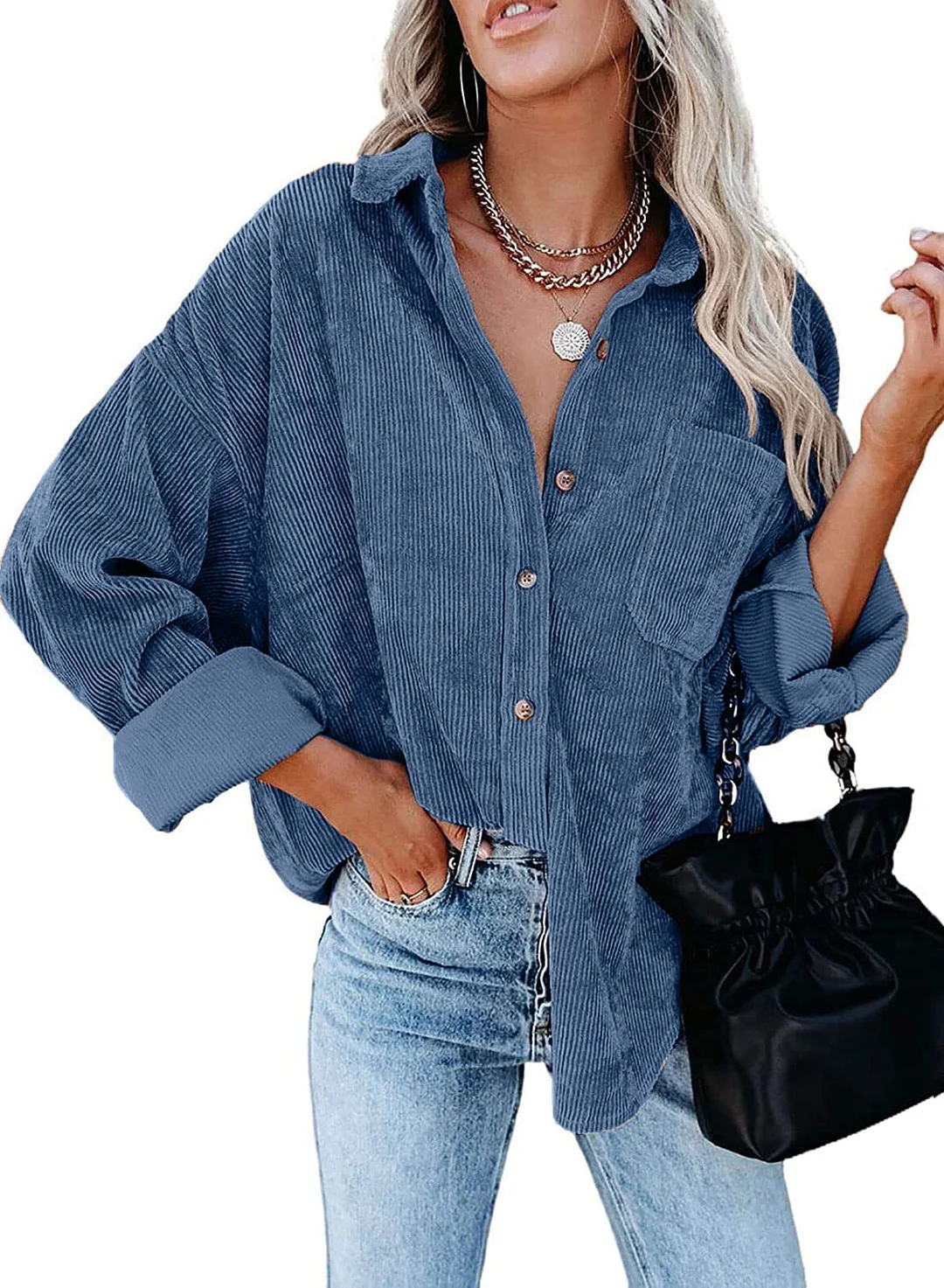 MIHOLL Women Corduroy Long Sleeve Button Down Collared Shirt Jacket Tops