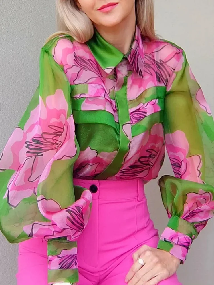 Elegant Floral Green Shirt Collar Lantern Sleeve Blouses