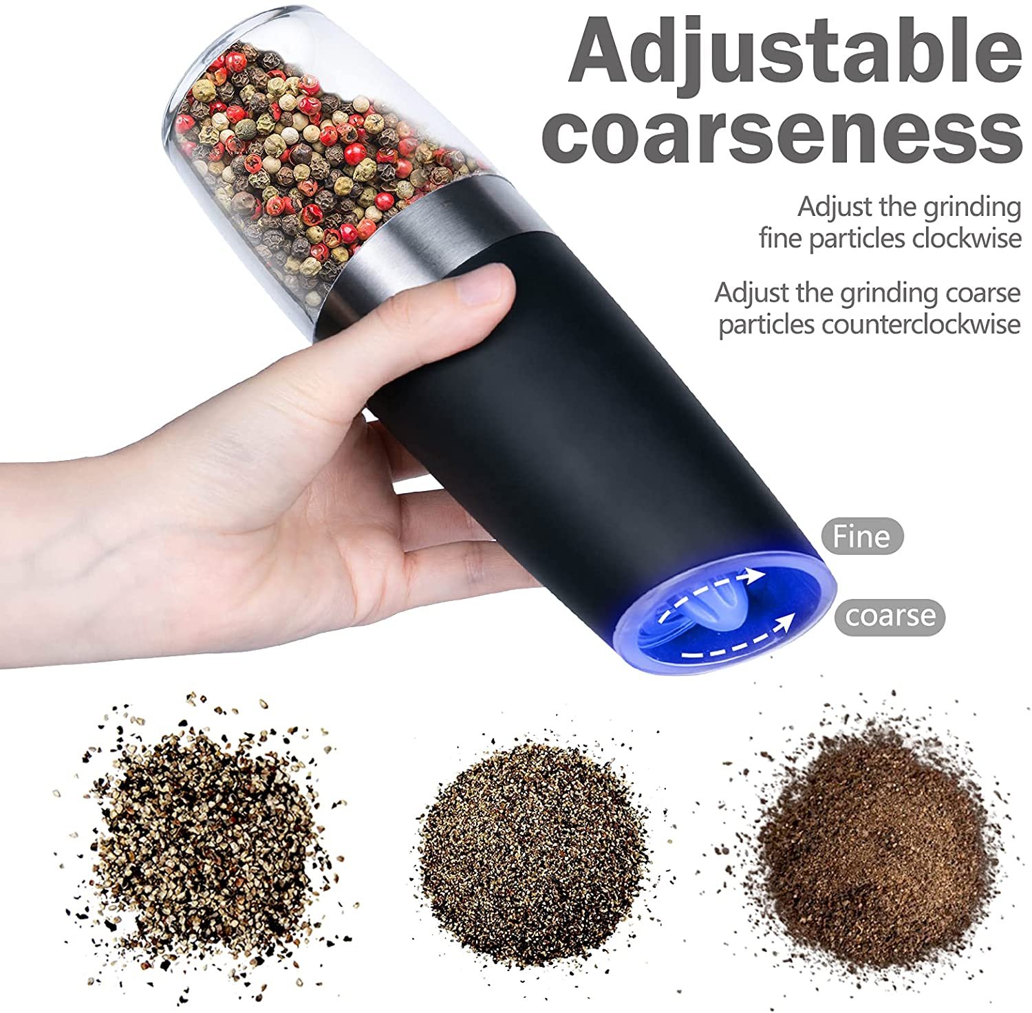 Electric Salt and Pepper Grinder Set with Adjustable Coarseness Automatic Pepper and Salt Mill Battery Powered with Blue LED Light,One Hand Operated,Brushed Stainless Steel