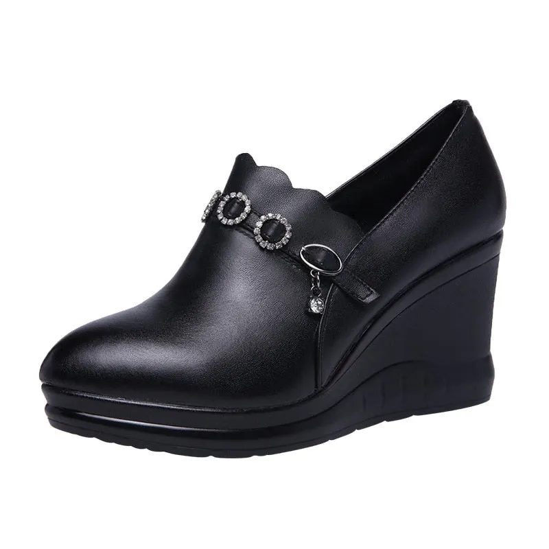 GKTINOO Deep Mouth Leather Shoe Black Platform Shoes High Heels Fashion Crystal Dance Shoes For Ladies Women's Pumps Wedge Shoes
