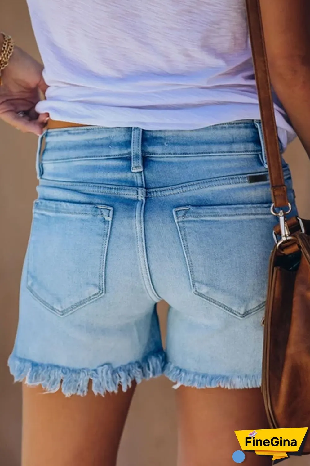 Ripped Fringed Solid Denim Shorts