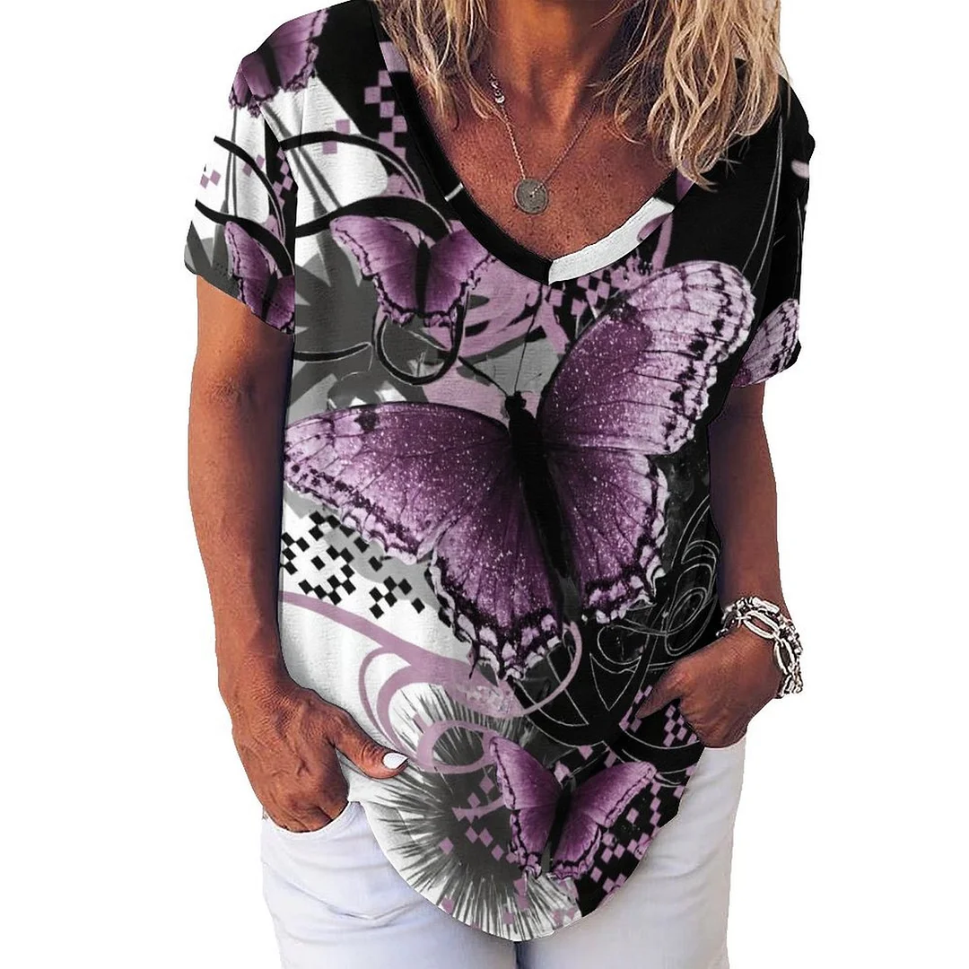 V-neck Short Sleeve Casual T-shirt for  Women Printed with Pattern Butterfly, Black, Floral, Purple