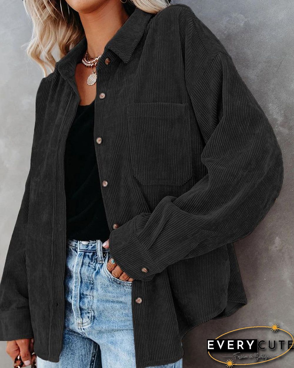 Lapel Loose Plain Long Sleeve Shirt Coat