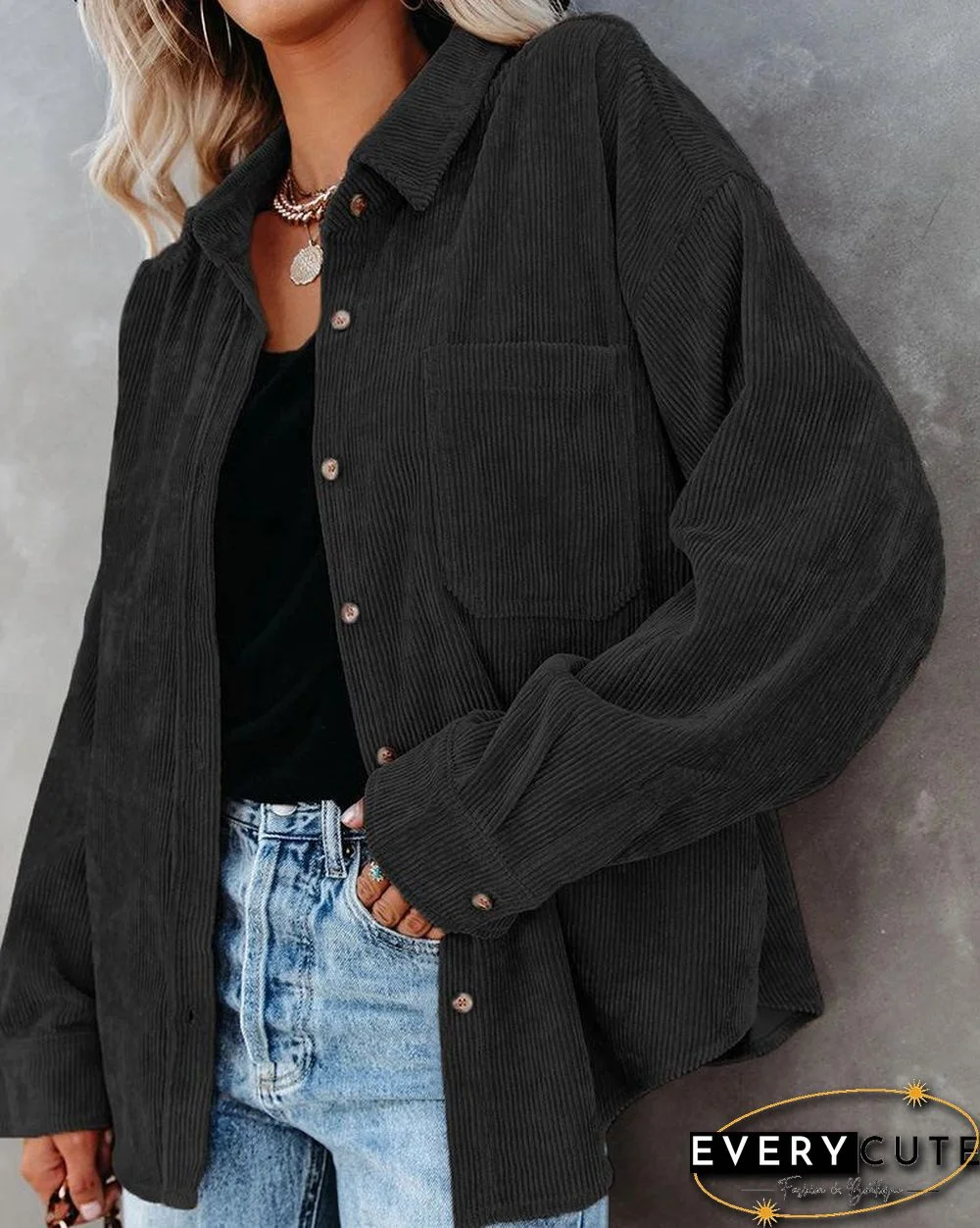 Lapel Loose Plain Long Sleeve Shirt Coat