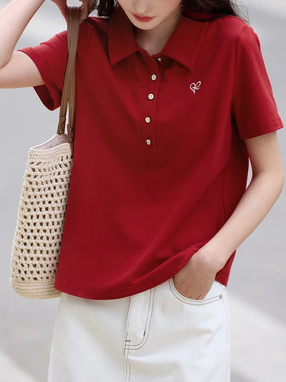Athvotar Athvotar Vintage Red Elegant POLO T-Shirt 2025 Summer New Commuting Shoulder Slim T-Shirt