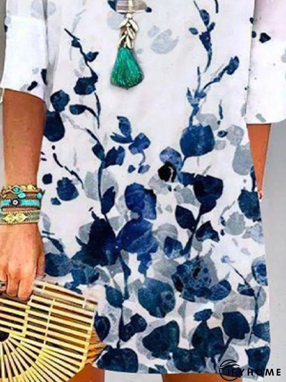 Casual V neck Loosen Floral Three Quarter Woven Dress | IFYHOME