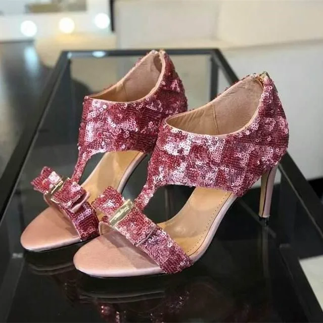 Sequined Pink T-Strap Stiletto Sandals with Bow Detail. Vdcoo