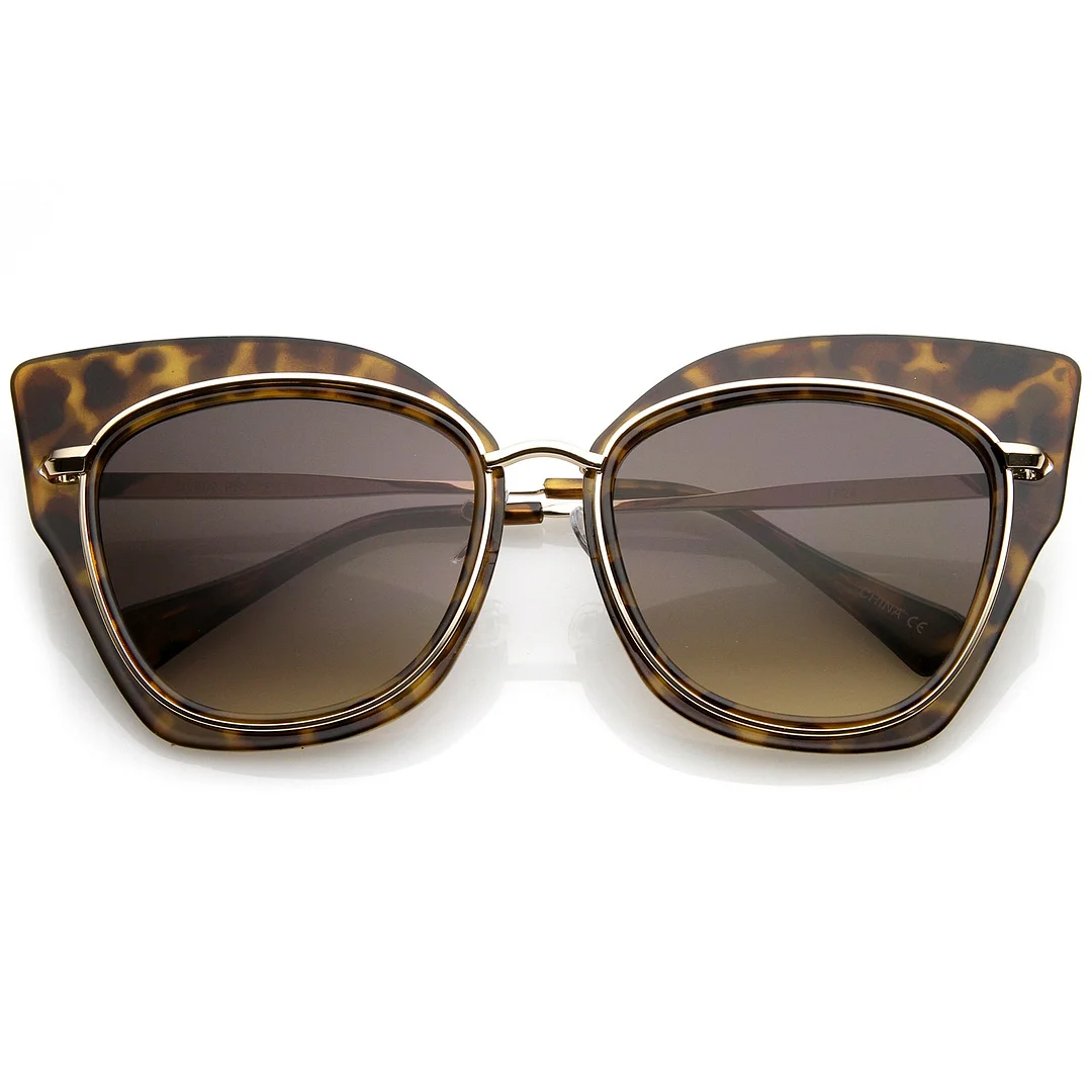 Women's Oversize Metal Trim Slim Arms Super Flat Lens Cat Eye glasses 57mm