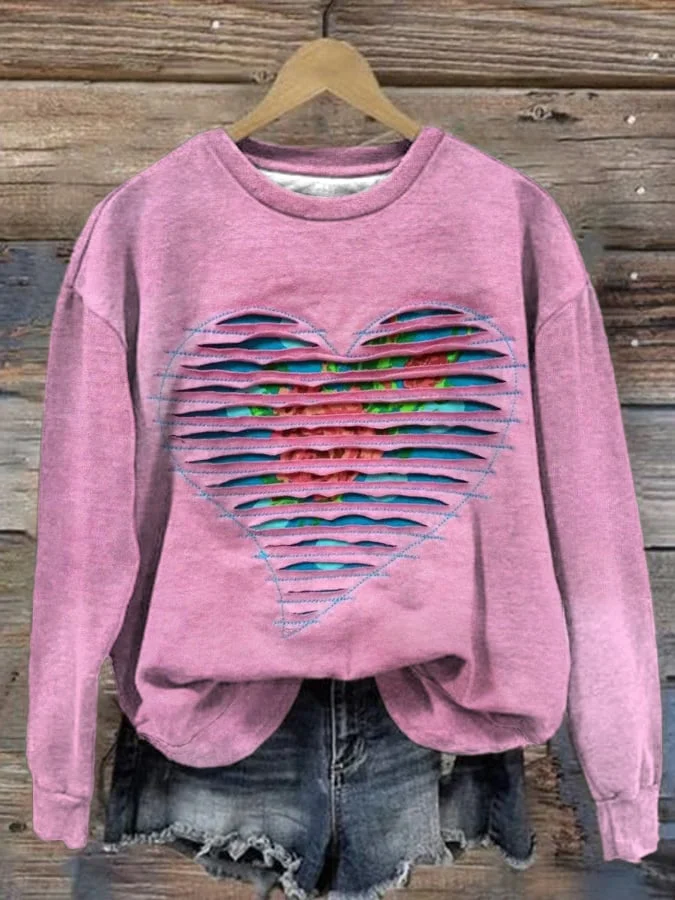 Women'S Heart Print Long Sleeve Sweatshirt