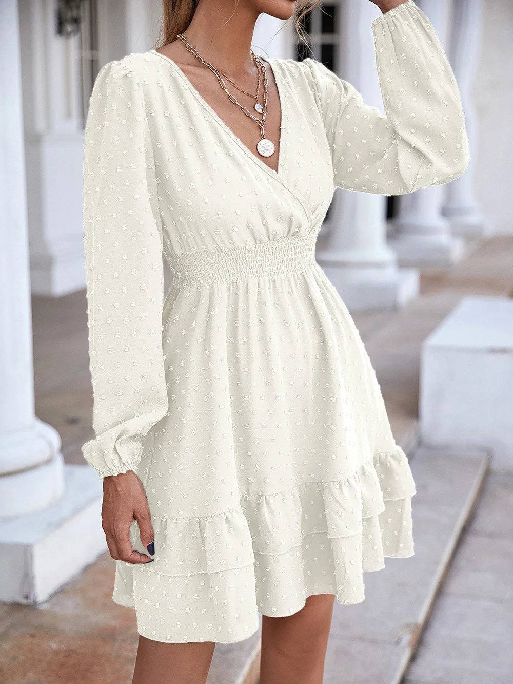 V-Neck Long-Sleeve Flounces Trim Commuter Dress For Women