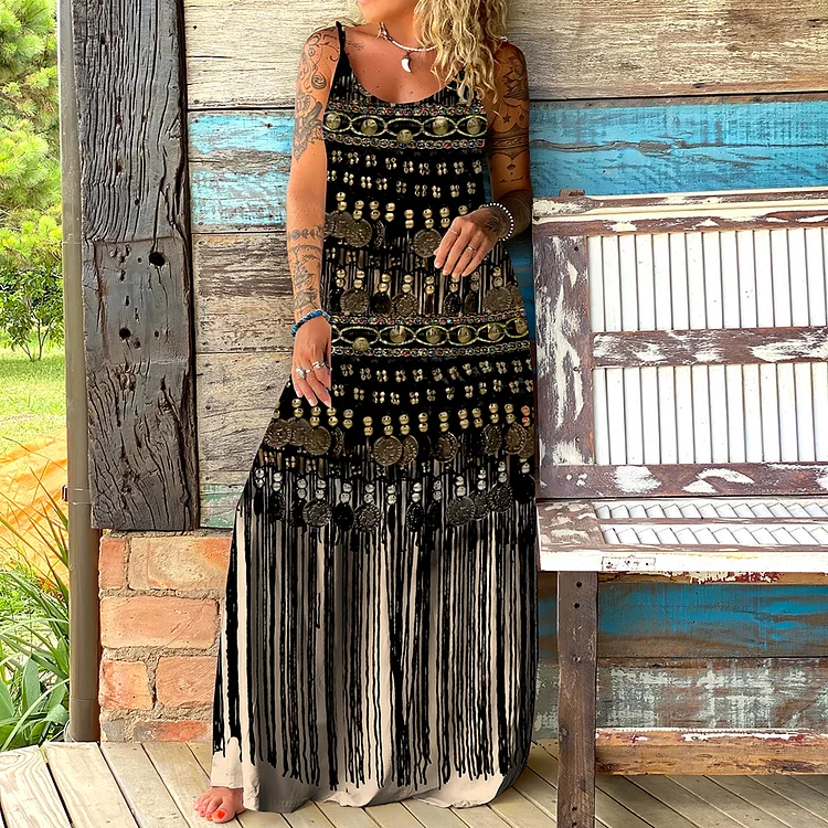 Viking Ethnic Tribal Tassel Art Slip Maxi Dress