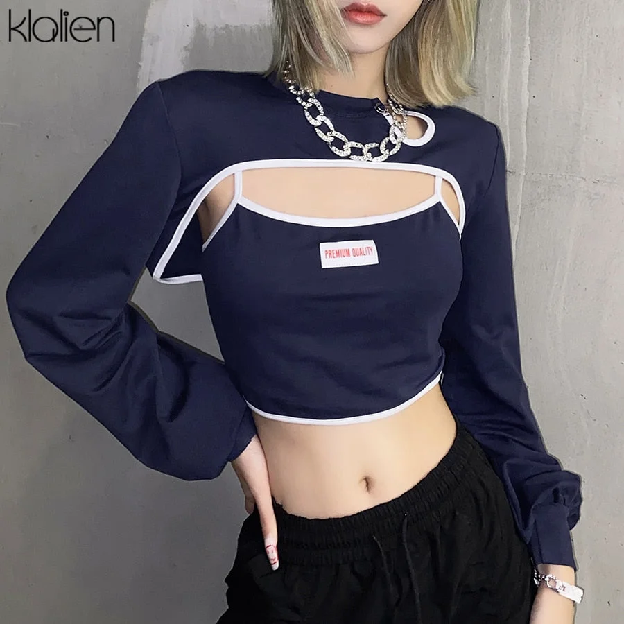 KLALIEN Women Casual Streetwear Long Sleeve Top with Camisole Two Piece T Shirt Autumn New Office Lady Slim Stretch Cotton Tee