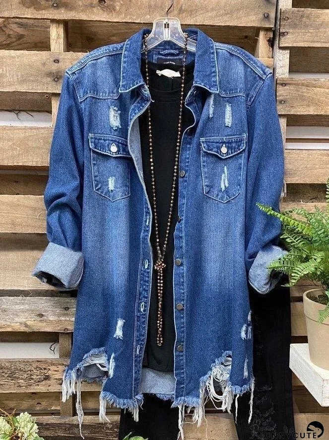 Deep Blue Denim Casual Plain Shirt Collar Outerwear
