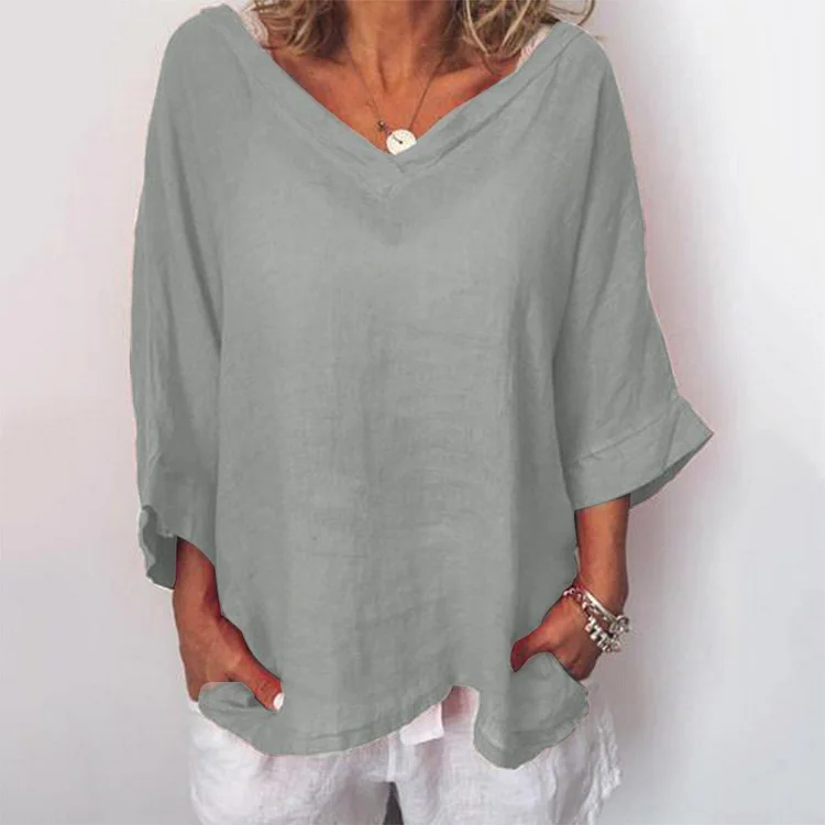 V Neck Comfy Linen Cotton Oversize Shirt