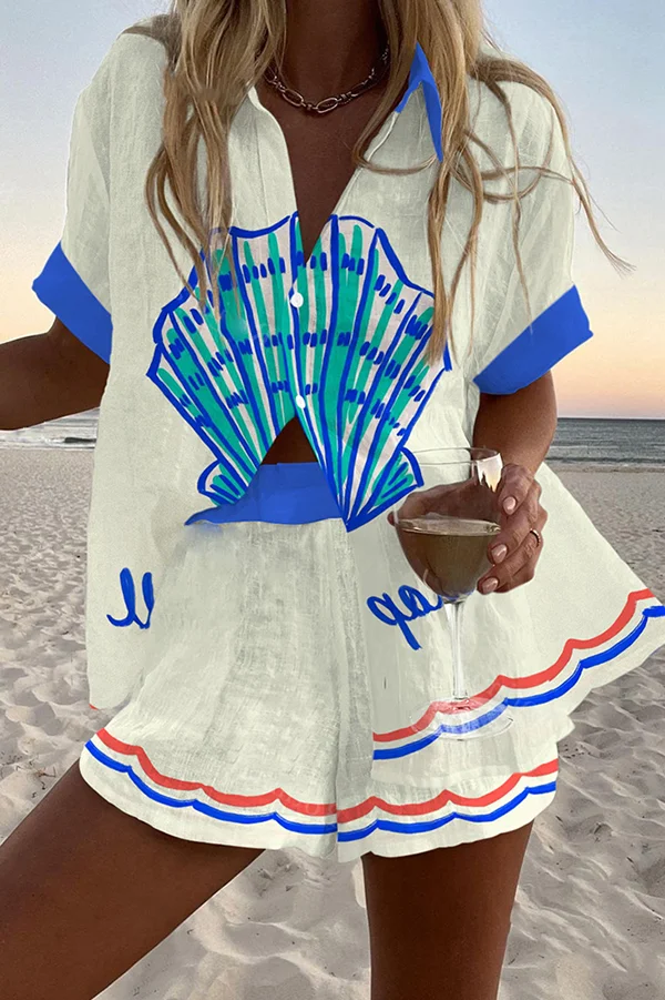 Large Shell Print Loose Button Elastic Waist Shorts Set