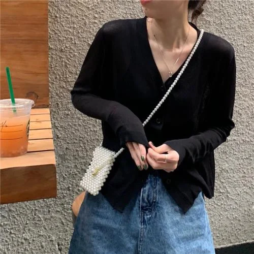 Cardigan Women Korean Long Sleeve Cardigan Summer Cropped Cardigan Knitted V Neck Thin Ice Silk Blouse Sunscreen Shirt 13482