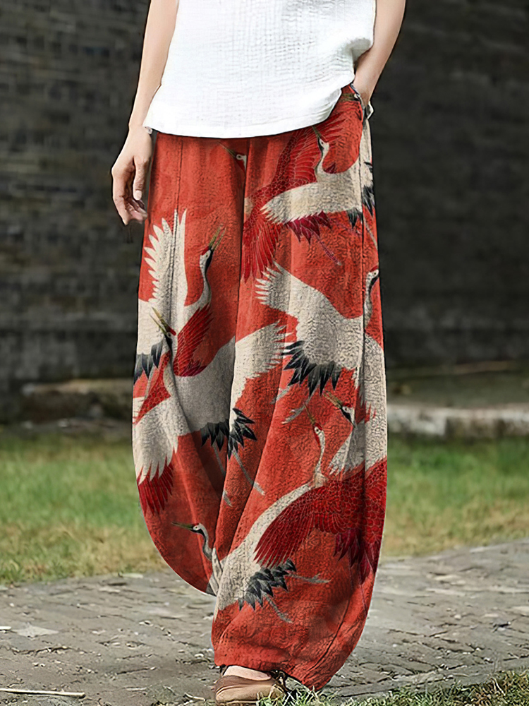 Comstylish Japanese Art Crane Print Casual Pants