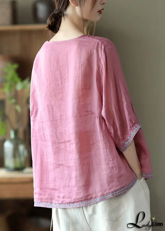 Casual Pink O-Neck Embroideried Linen Tops Three Quarter sleeve