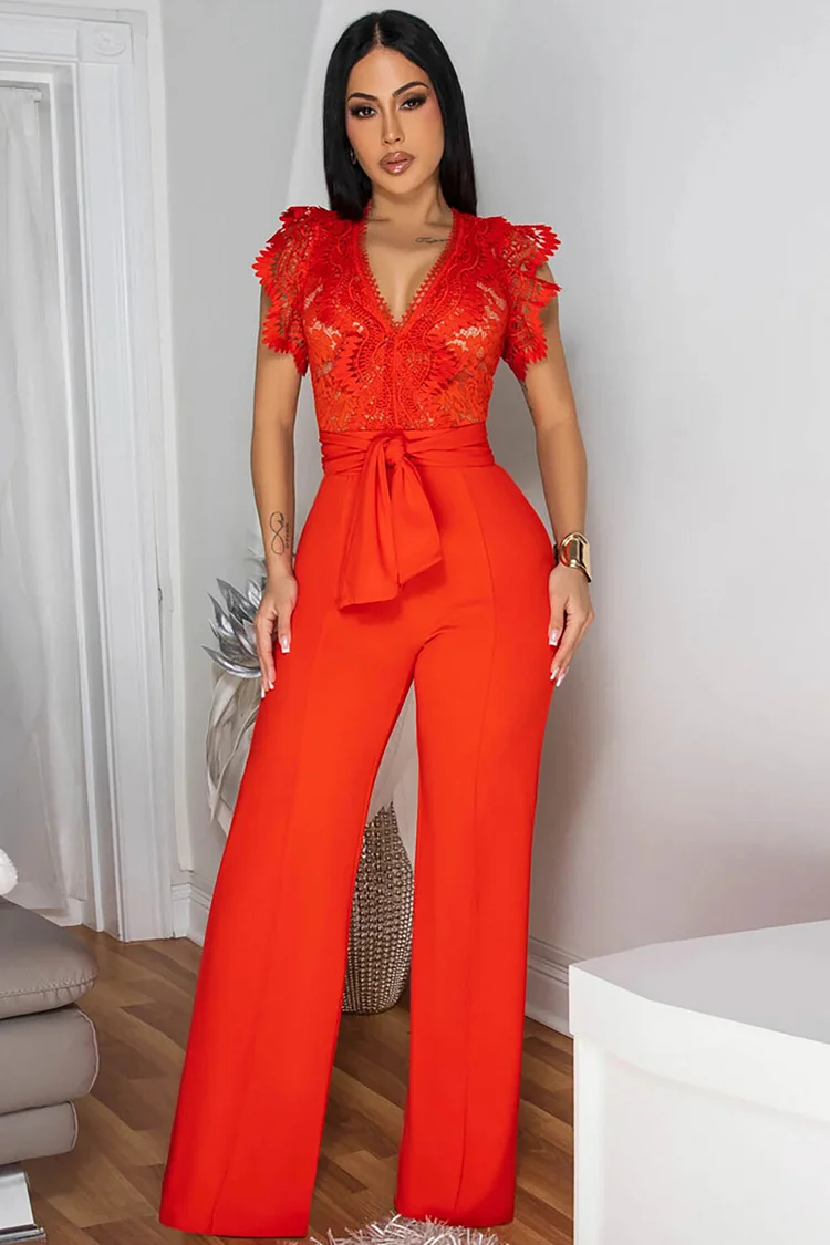 Hollow Out Pattern V Neck Tie Up Straight Leg Sleeveless Jumpsuit-Yellow