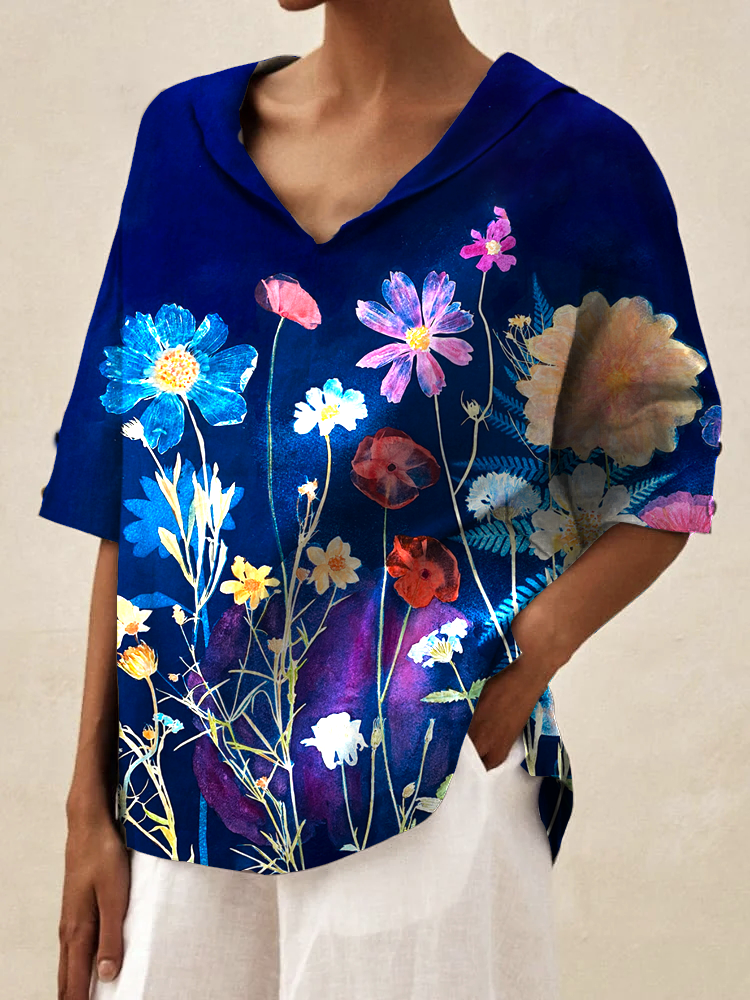 Women's Blue Tie-Dye Floral Print Top
