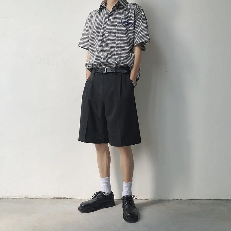 Woherb Kpop Men Suit Shorts Beige Black Straight Short Pants Summer Knee Length Thin Solid Young Clothing Streetwear Casual Mens Shorts