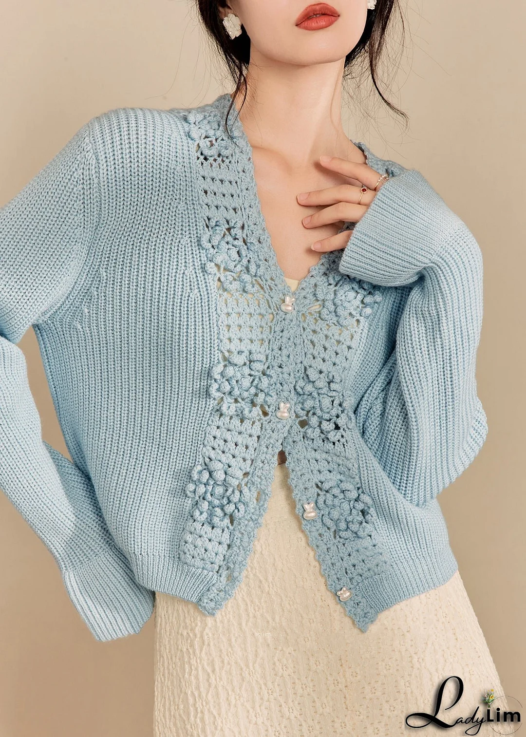 Elegant Blue V Neck Hollow Out Knit Cardigan Fall
