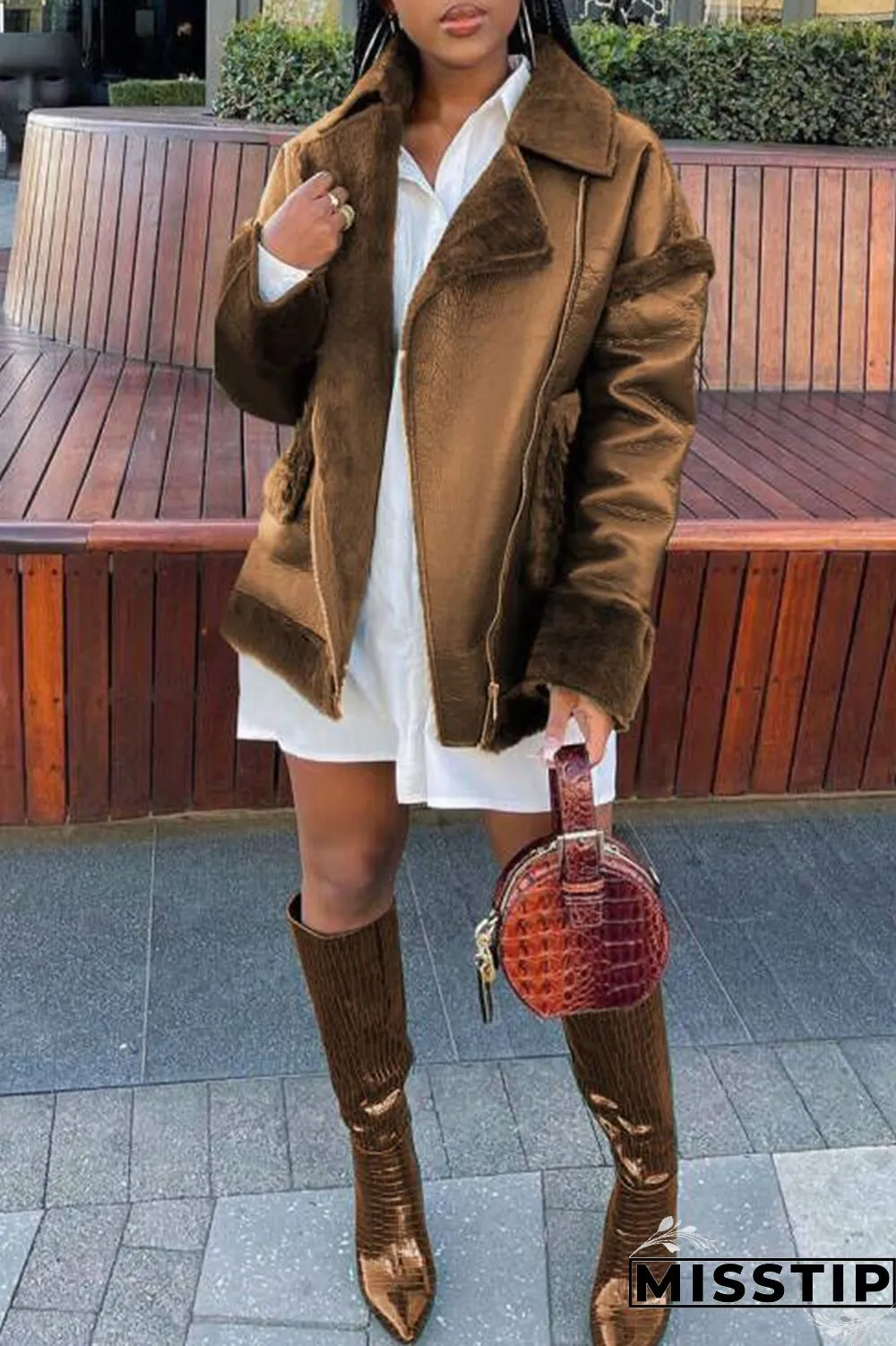 Brown Fashion Casual Solid Patchwork Turndown Collar Outerwear