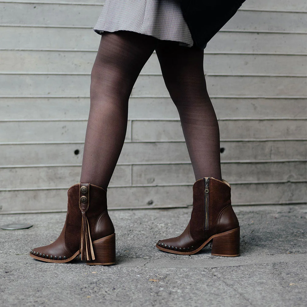 Studded Pointed Toe Button Fringe Ankle Brown Cowboy Boots for Women