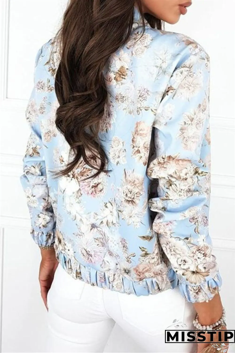 Blue White Casual Print Patchwork Cardigan Outerwear