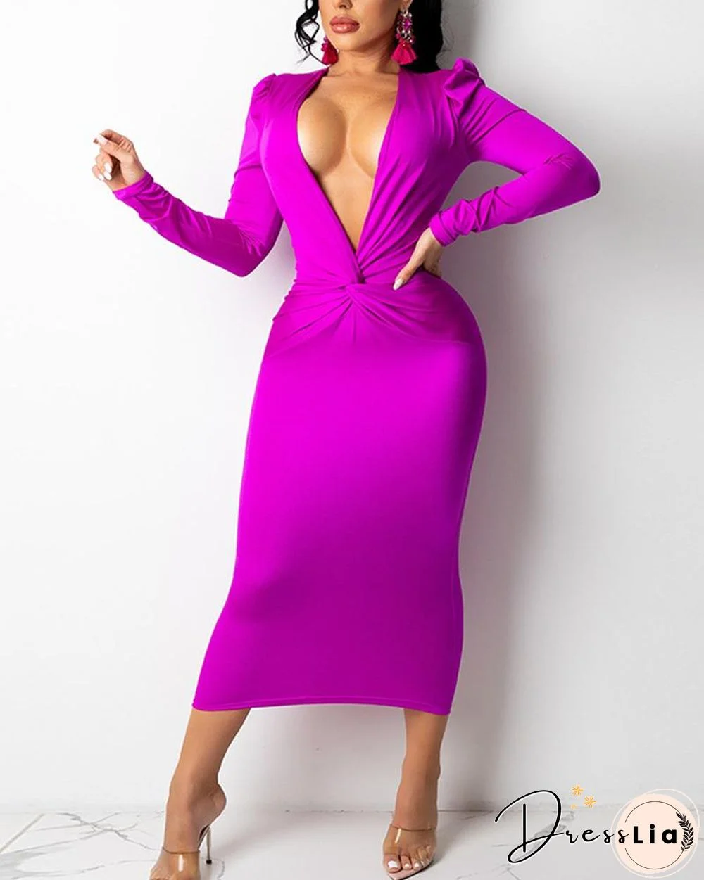 Solid Deep V-Neck Twist Puff Sleeve Bodycon Dress