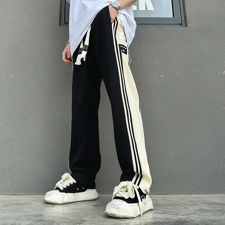 Summer Thin Trendy Brand Side Stripe Men's Straight-leg Sweatpants Casual Pants Sporty Drape Wide-leg Trousers