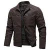 Men's Vintage Leather Motorcycle Jacket with Fleece Lining - Warm Winter Biker Coat with Stand Collar & Zipper Pockets by Inlyline