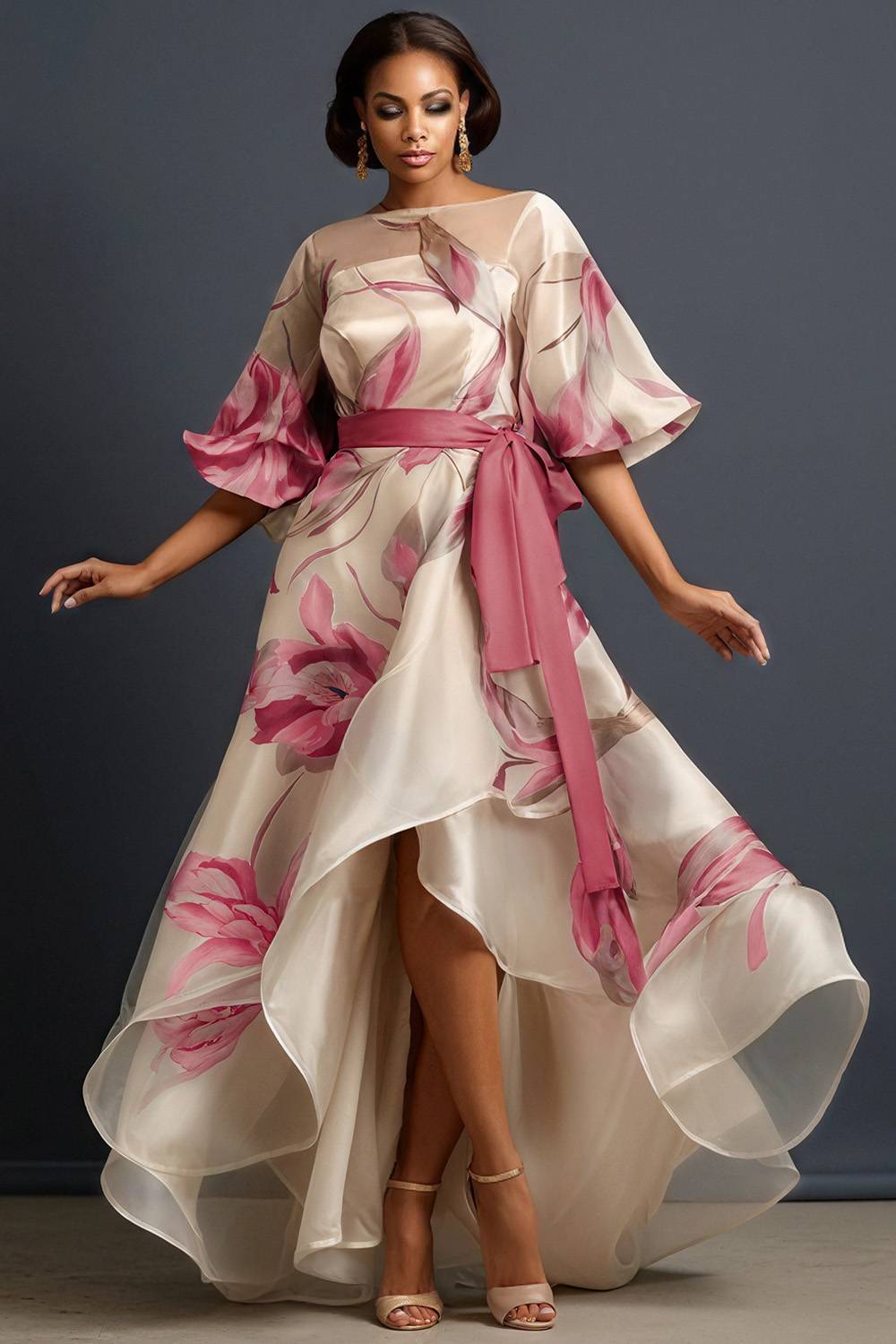 thumbnail image 2 of Dresses For Wedding Guest Plus Size Plus Size Floral Maxi Dress Women Summer Short Sleeve V Neck High Low Dress Green Flower 02 3xl Formal Dresses For Women 2 of 12
