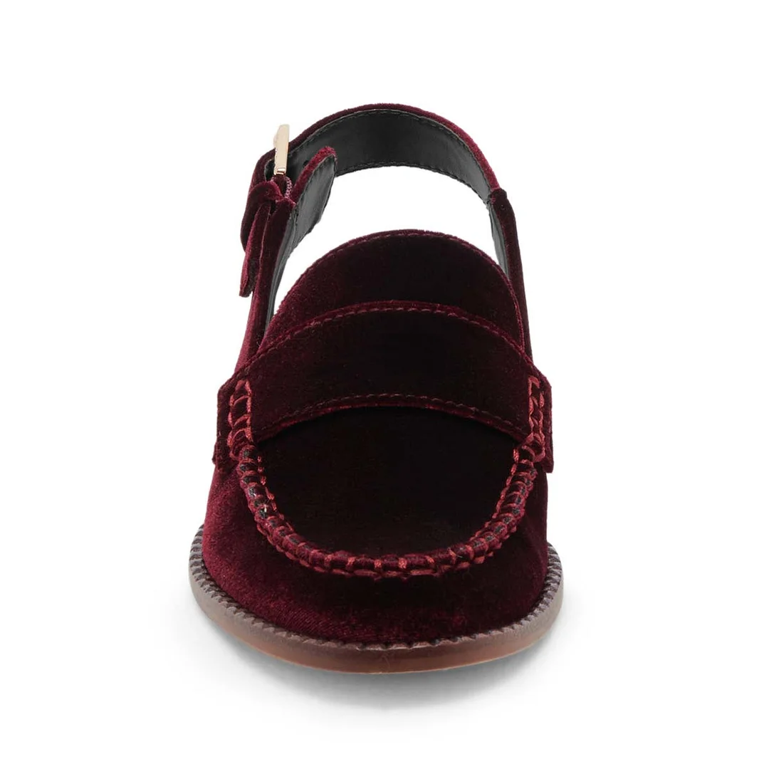 Maroon Round Toe Velvet Flat Slingback Loafer Shoes for Women