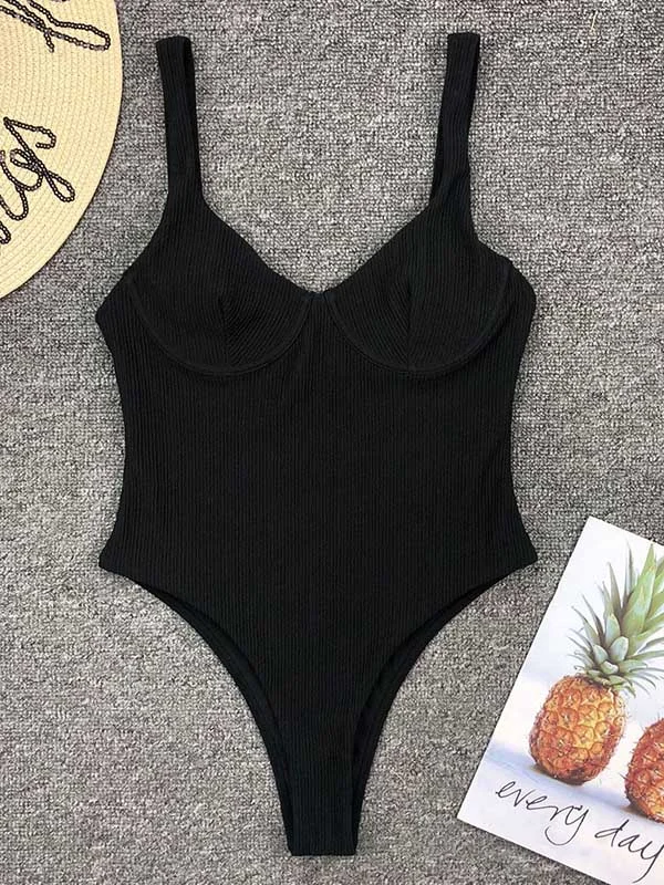 Solid Color Striped Underwired One-Piece Swimwear 