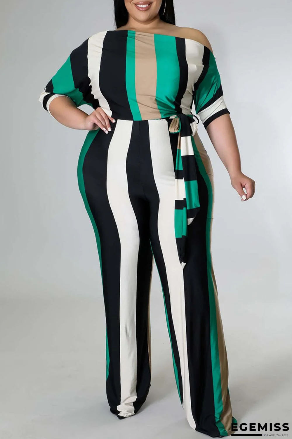 Green Casual Striped Print Patchwork Oblique Collar Plus Size Jumpsuits | EGEMISS